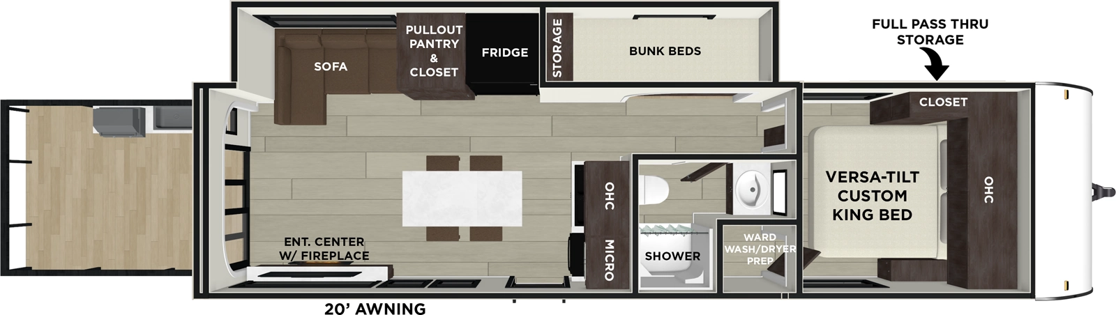 The Salem 34VERANDA floorplan has two entries and one slide out. Exterior features include: metal or fiberglass exterior, 20' awning and outside kitchen. Interiors features include: kitchen island and front bedroom.
